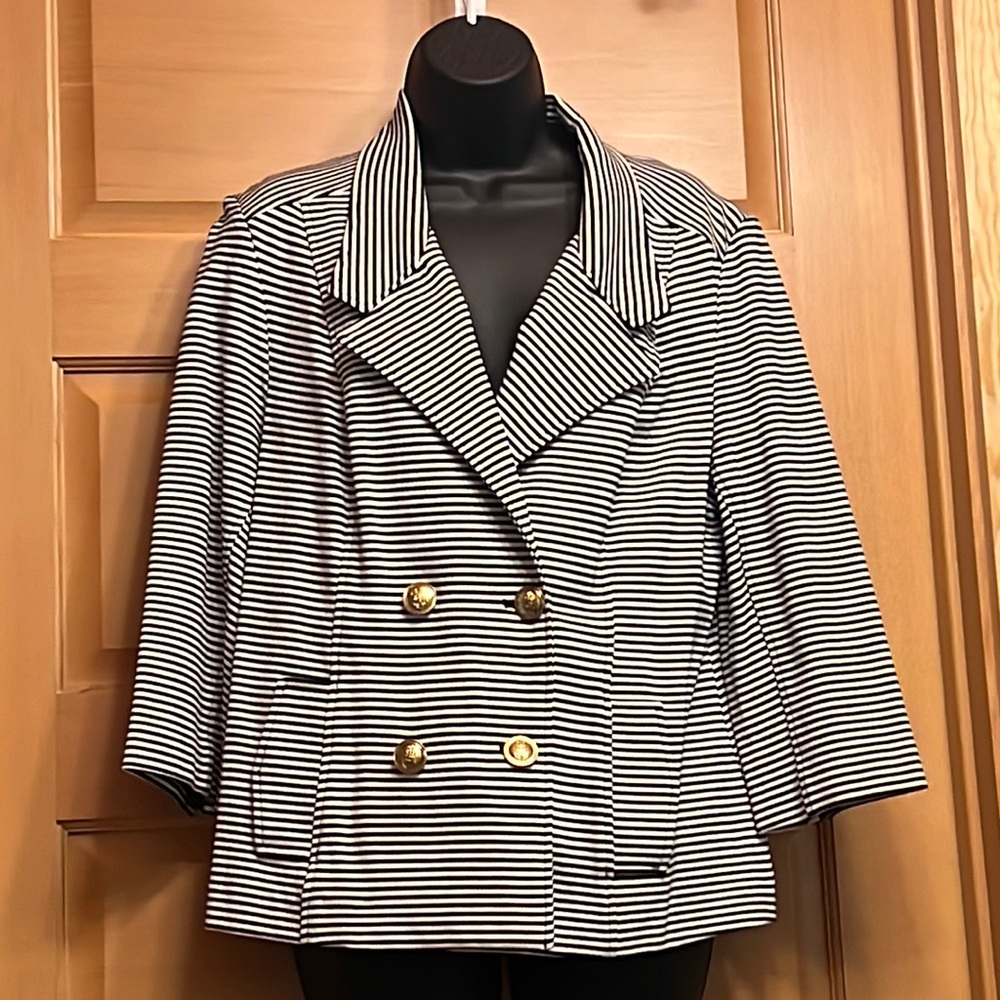 CAbi Black and White Nautical Blazer with Tailored Silhouette bracelet sleeves